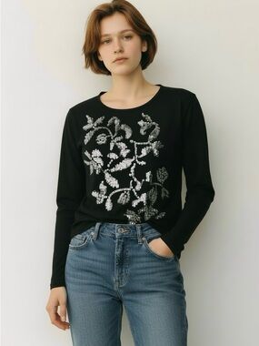 Jones New York Sequin Sweater Womens M Medium black Sparkle Knit Glam Grandma